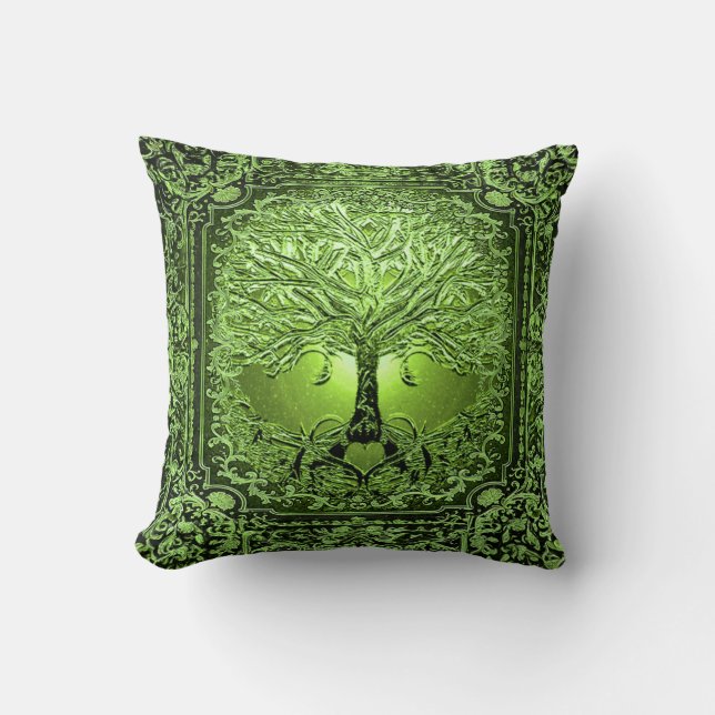 Green Tree of Life Ancient Rustic Throw Pillow (Front)
