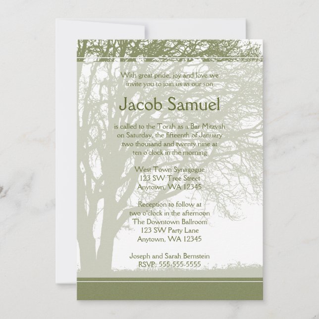 Green Tree of Life Bar Mitzvah Invitations (Front)