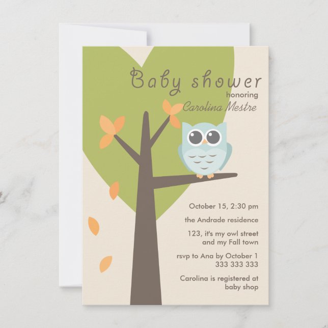 Green Tree Orange Leaves Blue Owl Fall Baby Shower Invitation (Front)