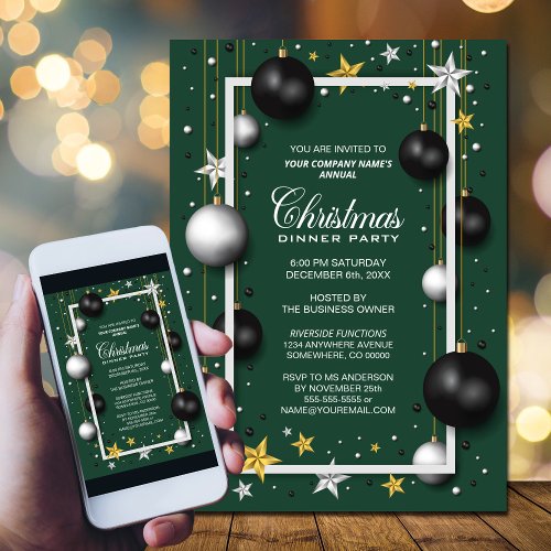 Green Tree Ornaments Corporate Christmas Dinner Invitation