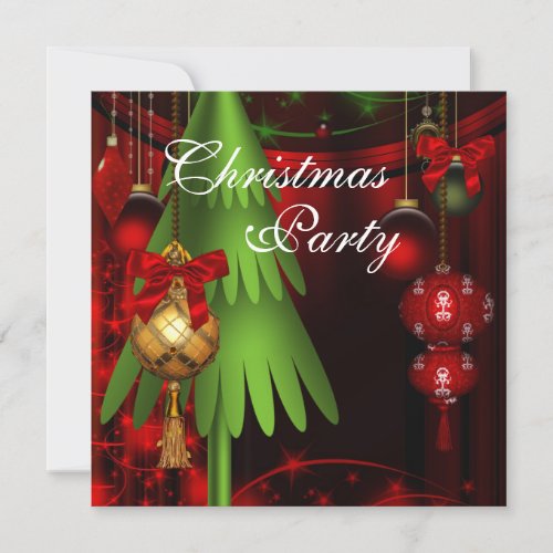 Green Tree Ornaments Red Christmas Party Invitation