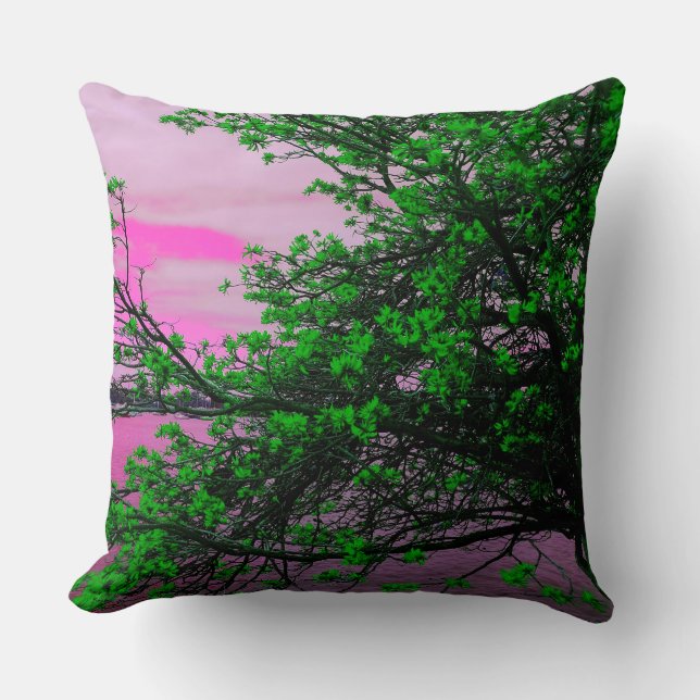 Green Tree & Pink Sky Throw Cushion (Front)