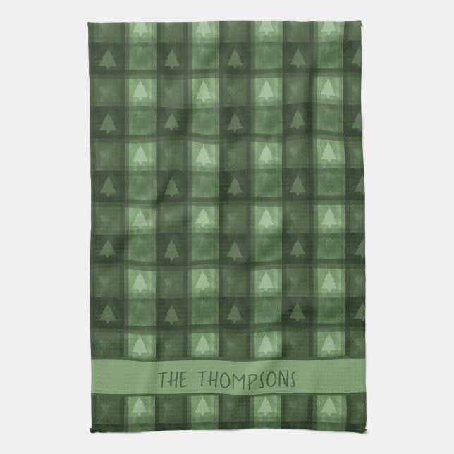 Green Tree Plaid With Custom Family Name Christmas Kitchen Towel (Vertical)
