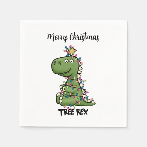 Green Tree Rex Dino Lights Merry Christmas Paper Napkins