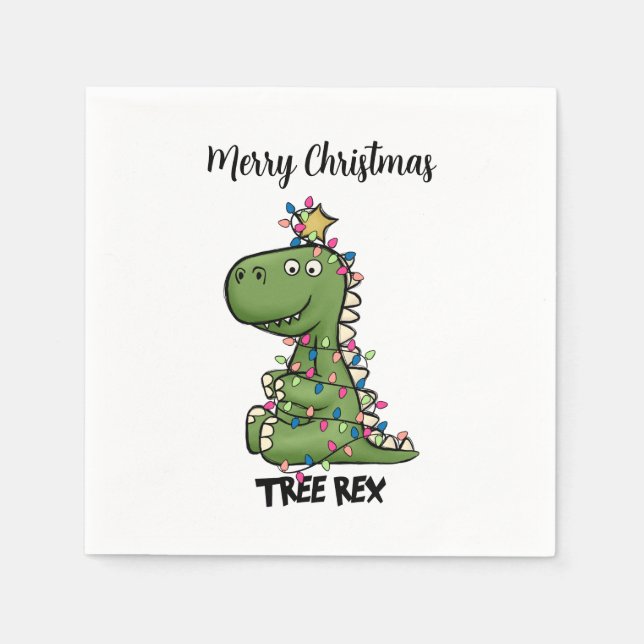 Green Tree Rex Dino Lights Merry Christmas Paper Napkins (Front)
