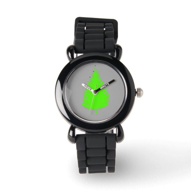 Green tree silhouette on gray watch (Front)