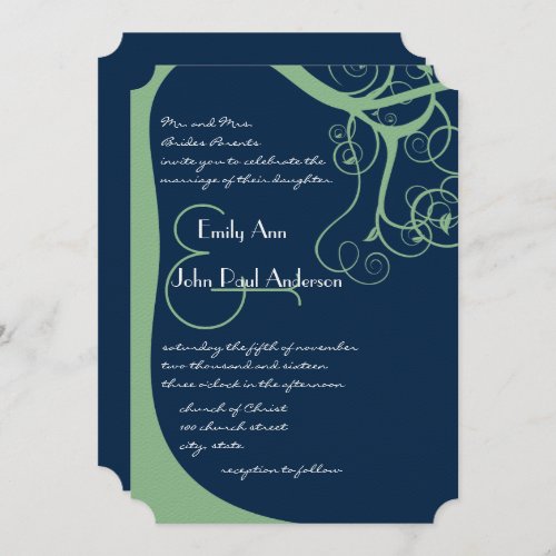 Green Tree Swirls on Lapis Blue Wedding Invitation