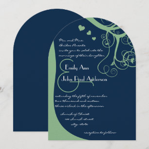 Green Tree Swirls on Lapis Blue Wedding Invitation