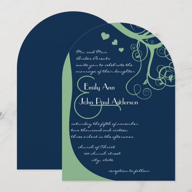Green Tree Swirls on Lapis Blue Wedding Invitation (Front/Back)