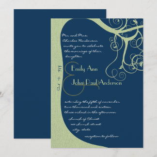 Green Tree Swirls on Midnight Wedding Invitation