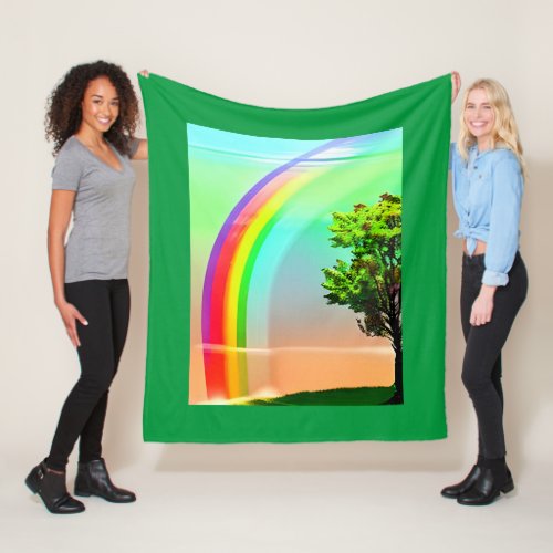 Green Tree Under a Rainbow Fleece Blanket