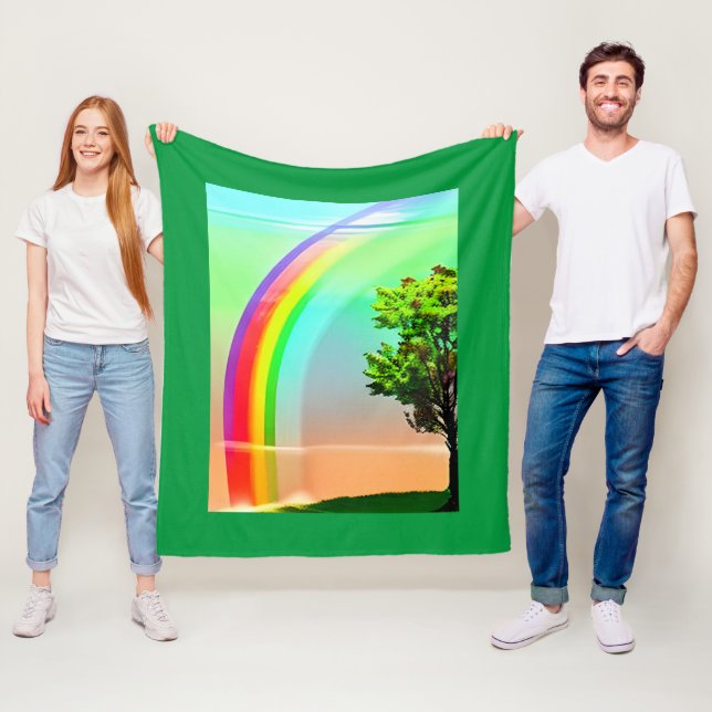 Green Tree Under a Rainbow Fleece Blanket (In Situ)