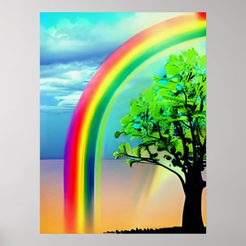 Green Tree Under a Rainbow Poster