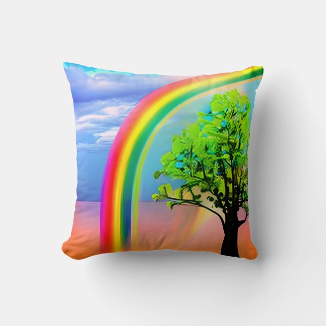 Green Tree Under a Rainbow  Throw Pillow (Front)