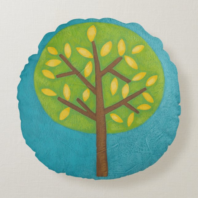 Green Tree with Yellow Leaves by Chariklia Zarris Round Pillow (Front)