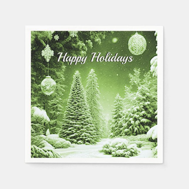 Green Trees Christmas Balls Holiday Paper Napkin (Front)