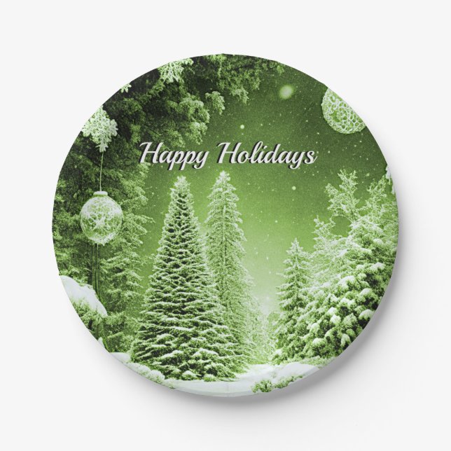 Green Trees Christmas Balls Holiday Paper Plate (Front)