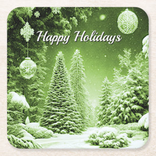Green Trees Christmas Balls Holiday Square Paper Coaster