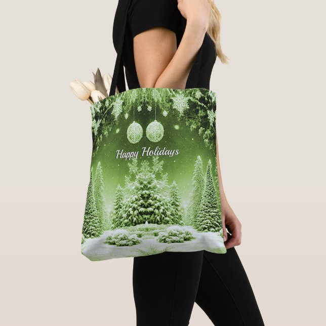 Green Trees Christmas Balls Holiday Tote Bag (Close Up)