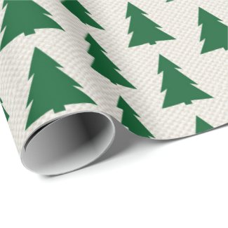 Green Trees Christmas Pattern on Faux Beige Canvas Wrapping Paper