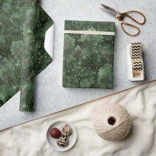 Green Trees Gold Stars Whimsical Birthday Wrapping Paper