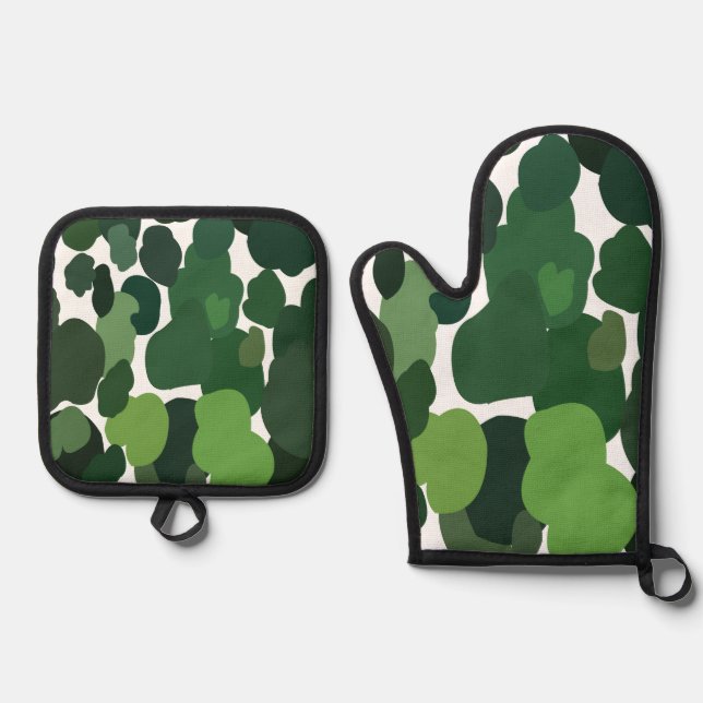 Green Trees Modern Tropical Rainforest Pattern Oven Mitt & Pot Holder Set (Front)