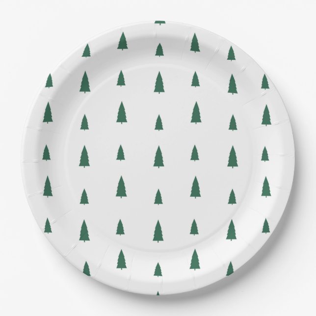 Green Trees Simple Modern Christmas  Paper Plates (Front)