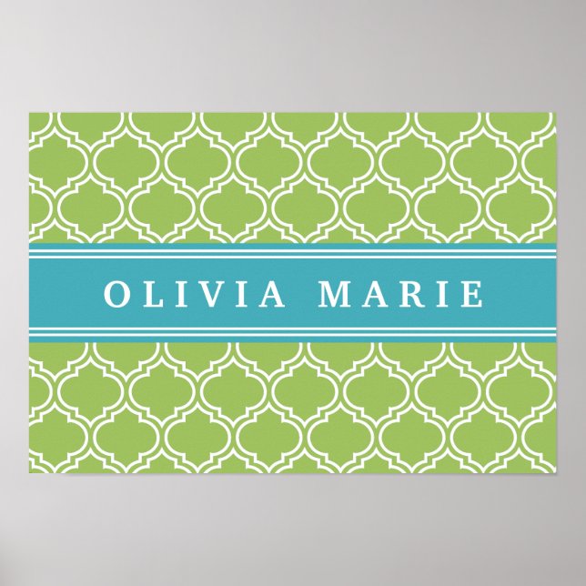 Green Trellis Vibrant Blue Name Template Poster (Front)