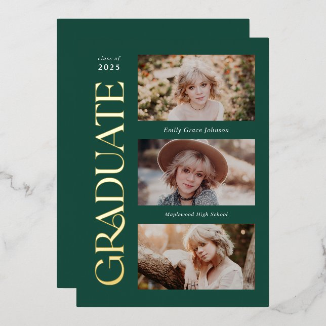 Green Trendy Serif Multiple Photo Graduation  Foil Invitation (Front/Back)