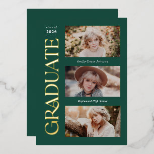 Green Trendy Serif Multiple Photo Graduation Foil Invitation