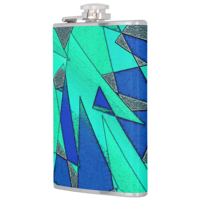 Green triangular cutouts on blue background, rough flask (Left)