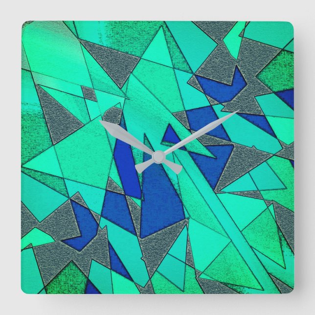 Green triangular cutouts on blue background, rough square wall clock (Front)