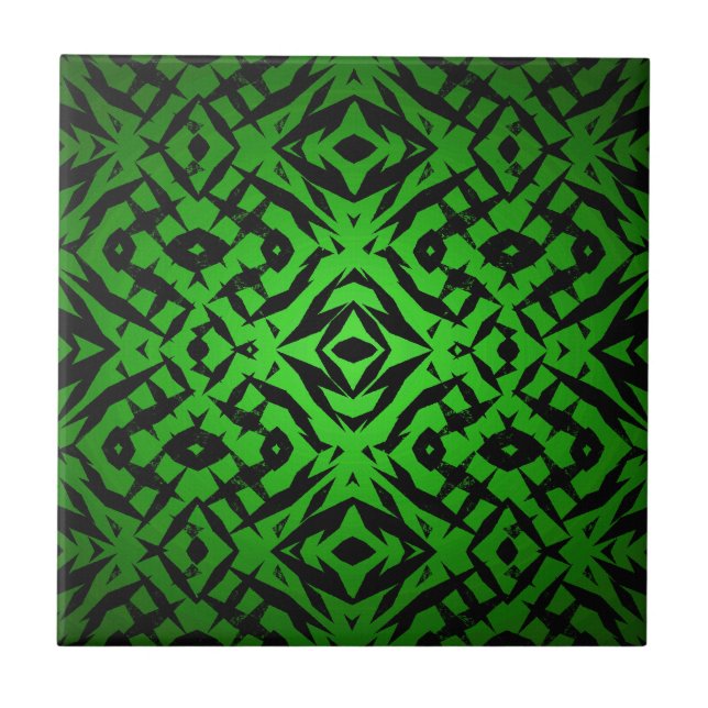 Green tribal shapes pattern ceramic tile (Front)