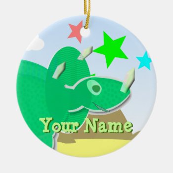 Green Triceratops Cartoon Dinosaur Name Ornament by dinoshop at Zazzle