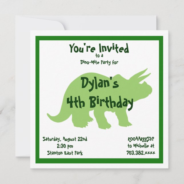 Green Triceratops Dinosaur Birthday Invitations (Front)