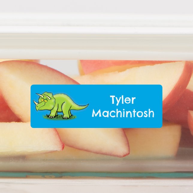 Green triceratops dinosaur cartoon personalized labels (Affixed)