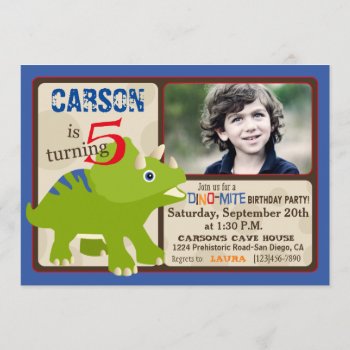 Green Triceratops Dinosaur Fifth Birthday Invitation by NouDesigns at Zazzle