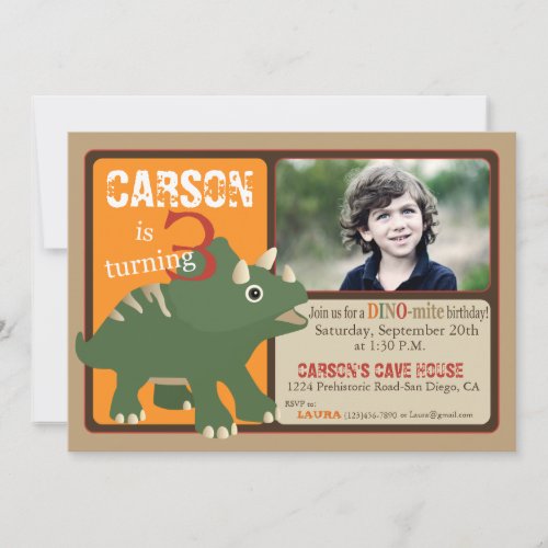 Green Triceratops Dinosaur Third Birthday Personalized Announcement