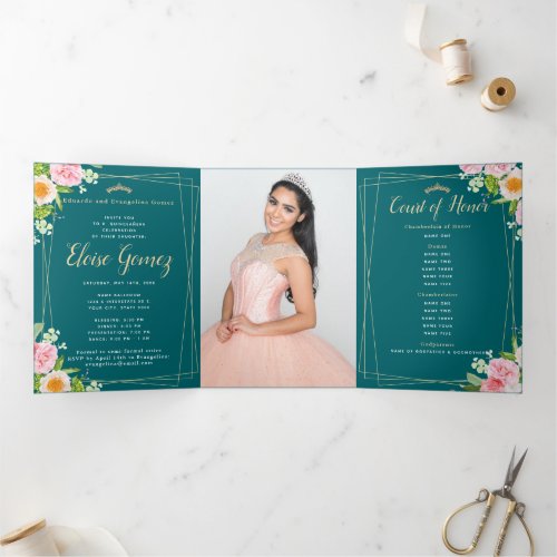 Green Trifold Floral Quinceanera Invitation