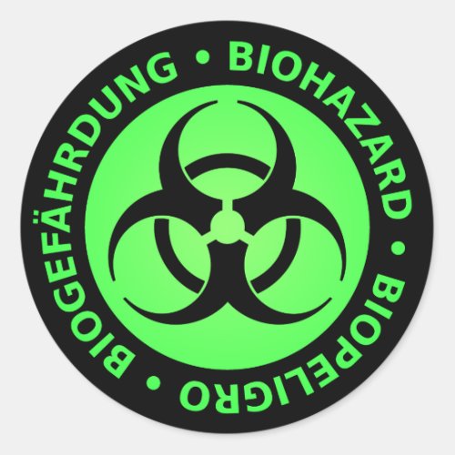 Green Trilingual Biohazard Warning Classic Round Sticker