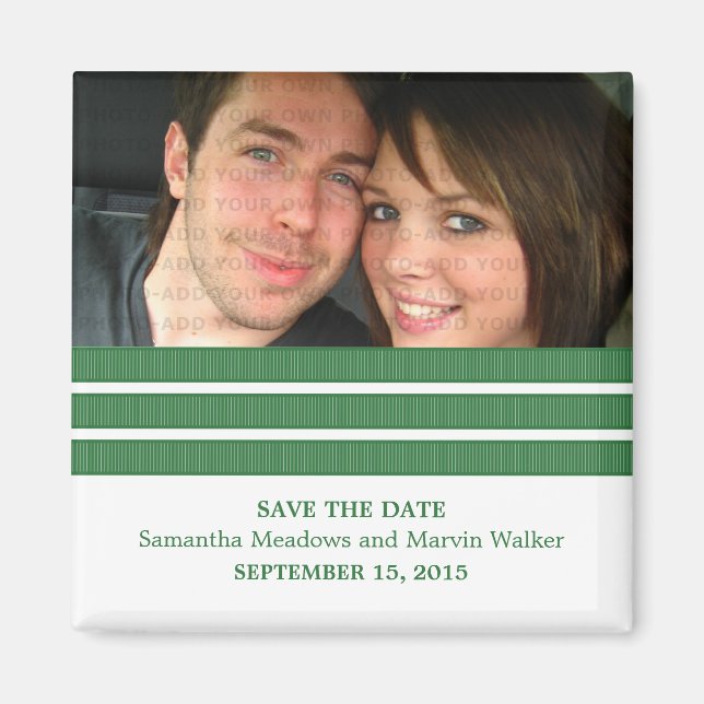 Green Triple Stripe Photo Save the Date Magnet (Front)
