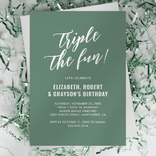 Green Triple the Fun Birthday Invitation