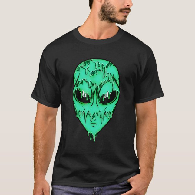 Green Trippy Alien Shirt - Psychedelic Alien Face  (Front)