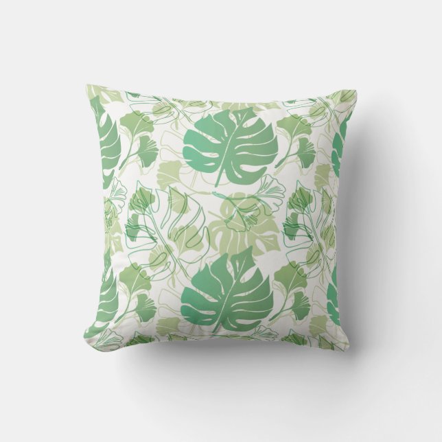 Green tropic pattern with leaves throw pillow (Front)