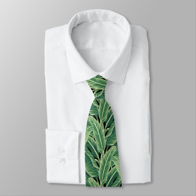 Green Tropical Banana Leaves Neck Tie (Tied)