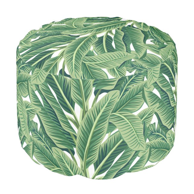 Green Tropical Banana Leaves Pouf (Angled Front)