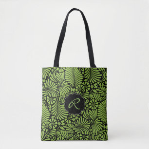 Green Tropical Damask Pattern with Monogram Tote Bag