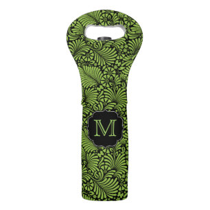 Green Tropical Damask with Monogram Wine Bag