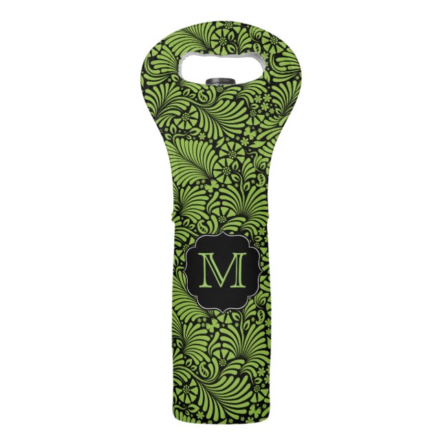 Green Tropical Damask with Monogram Wine Bag (Front)
