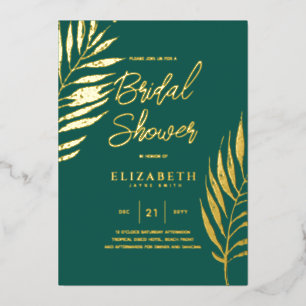 Green Tropical Disco BRIDAL SHOWER Gold Leaves Foil Invitation